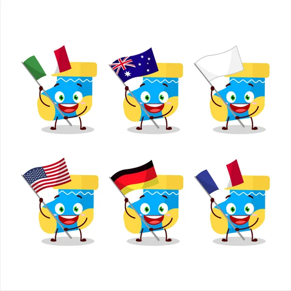Bebé Azul Calcetines Personaje Dibujos Animados Traer Las Banderas Varios — Vector de stock