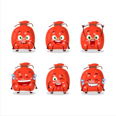 Gülen surat ifadeli kırmızı Noel Baba çantasının çizgi film karakteri. Vektör illüstrasyonu