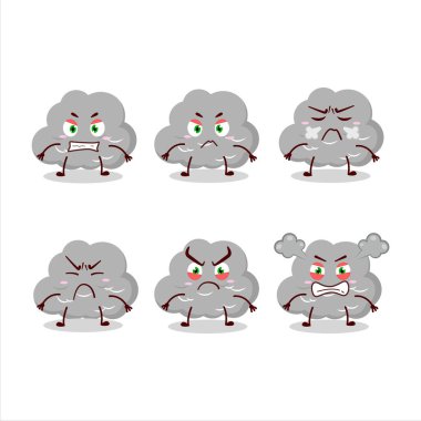 Çeşitli kızgın ifadeleri olan kara bulutlu çizgi film karakteri. Vektör çizimi.