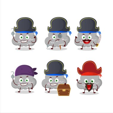 Çeşitli korsan ifadeleri olan kara bulutların çizgi film karakteri. Vektör illüstrasyonu.