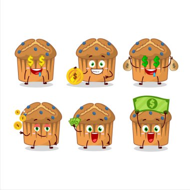 Böğürtlenli kek çizgi film karakteri, şirin ifadeli. Para getir. Vektör illüstrasyonu.