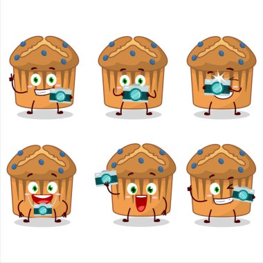 Yabanmersinli kek karikatürü karakterli fotoğrafçı mesleği simgesi. Vektör illüstrasyonu