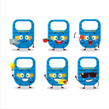 Çeşitli iş simgelerine sahip mavi bebek önlüğü çizgi film karakteri. Vektör illüstrasyonu.