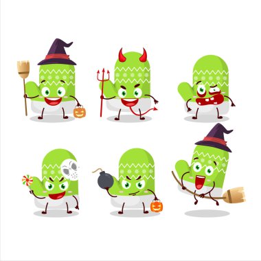 Cadılar Bayramı yüz ifadeleri ve yeni yeşil eldivenli çizgi film karakterleri. Vektör illüstrasyonu