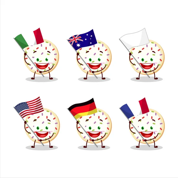 糖饼干卡通人物带着各国国旗 矢量说明 — 图库矢量图片