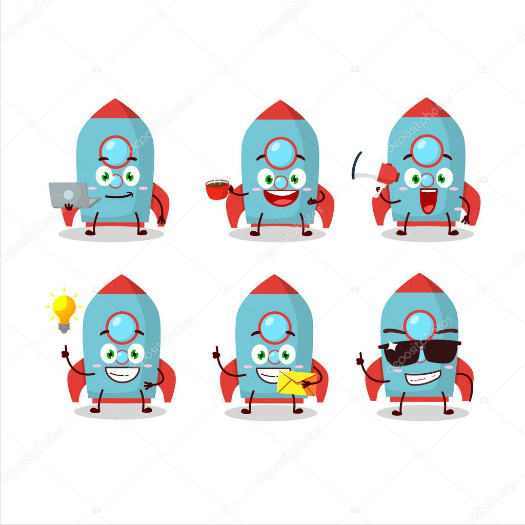 Blue rocket firecracker cartoon character with various types of business emoticons. Vector illustration