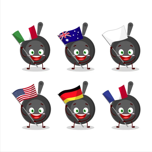 Frying Pan Personaje Dibujos Animados Traer Las Banderas Varios Países — Archivo Imágenes Vectoriales