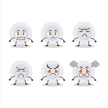 Farklı kızgın ifadeleri olan yeni beyaz tabak çizgi film karakteri. Vektör illüstrasyonu