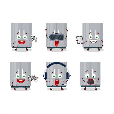 Buzdolabı çizgi film karakteri çeşitli şirin ifadelerle oyunlar oynuyor. Vektör illüstrasyonu