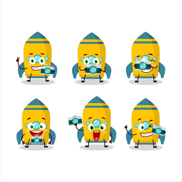 Emoticono Profesión Fotógrafo Con Personaje Dibujos Animados Petardo Cohete Amarillo — Vector de stock