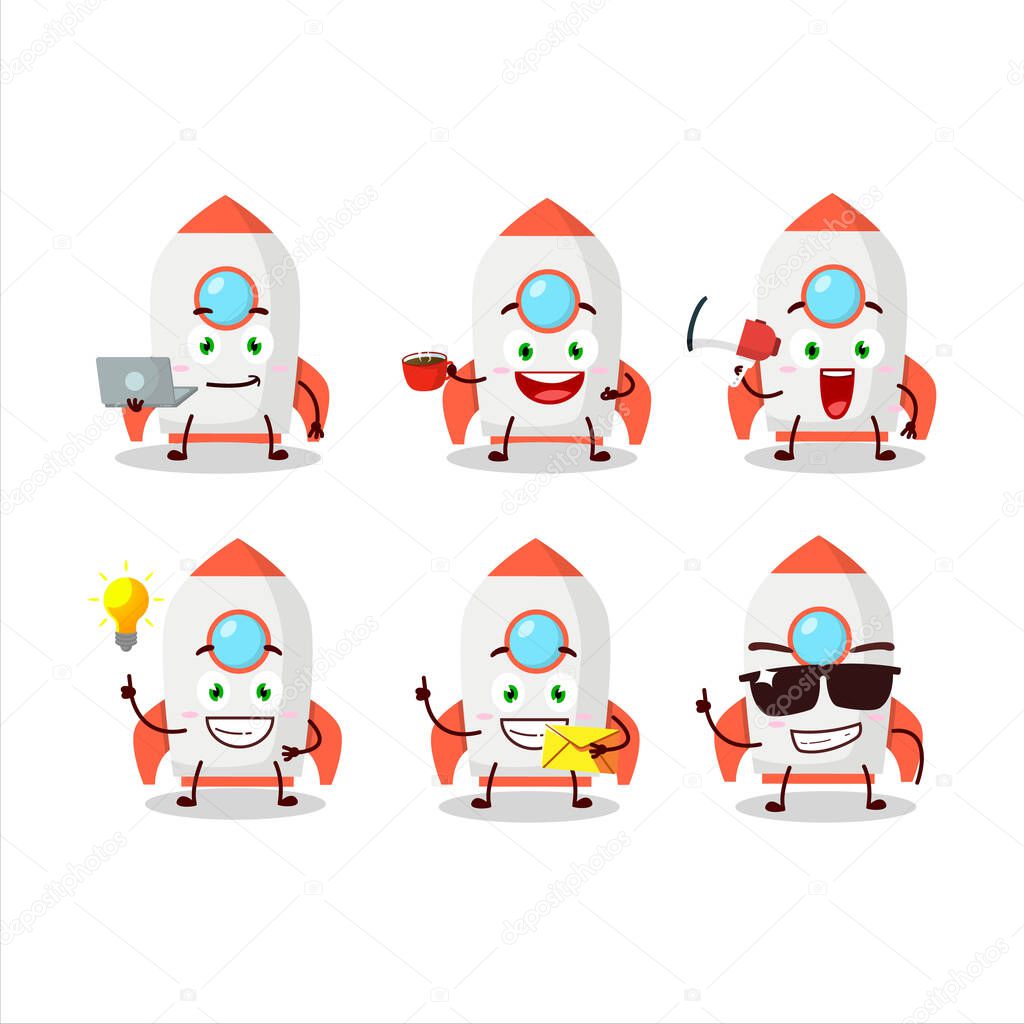 White rocket firecracker cartoon character with various types of business emoticons. Vector illustration