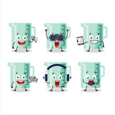 Ölçme kabı çizgi film karakteri çeşitli şirin ifadelerle oyunlar oynuyor. Vektör illüstrasyonu