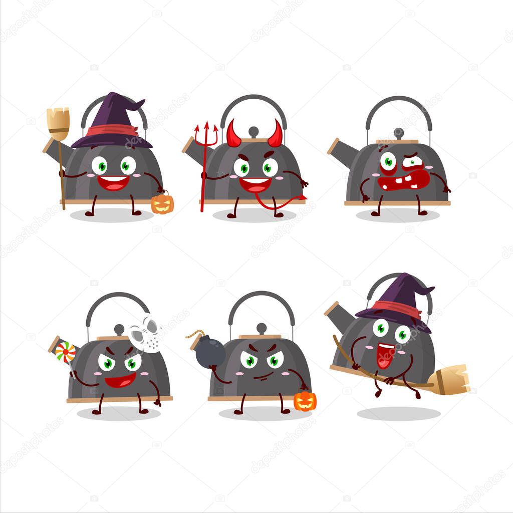 Halloween expression emoticons with cartoon character of black teapot. Vector illustration
