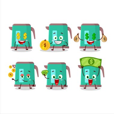 Şirin ifadeli dijital çaydanlık çizgi film karakteri para getiriyor. Vektör illüstrasyonu