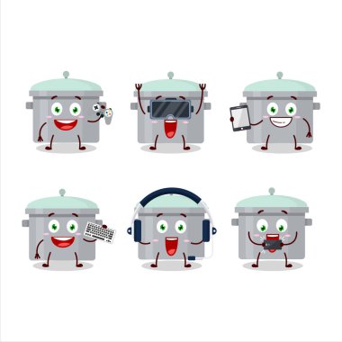 Alüminyum gri tavalı çizgi film karakteri çeşitli şirin duygu simgeleriyle oyunlar oynuyor. Vektör illüstrasyonu