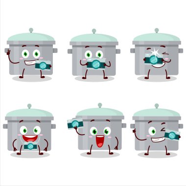 Alüminyum gri pan karikatür karakterli fotoğrafçı mesleği simgesi. Vektör illüstrasyonu