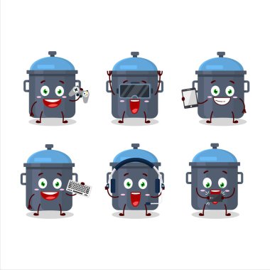Mavi mutfak tava çizgi film karakteri çeşitli şirin emoticonlarla oyunlar oynuyor. Vektör illüstrasyonu