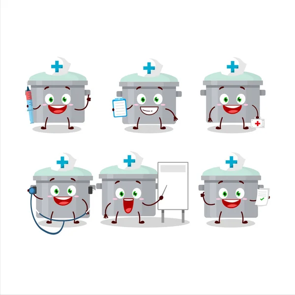 Doctor Profession Emoticon Aluminium Grey Pan Cartoon Character Vector Illustration — Stock Vector