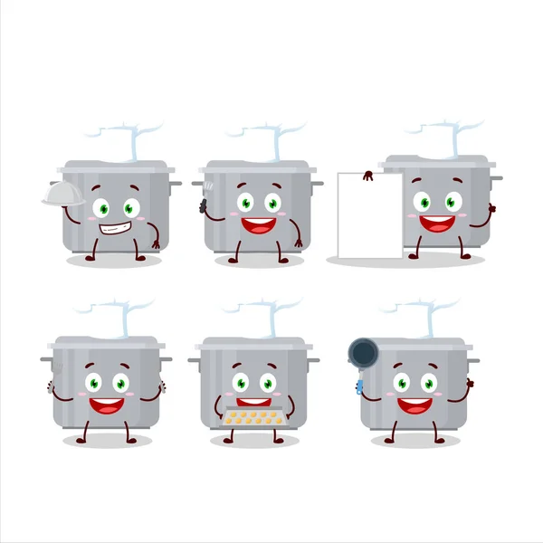 Kreskówkowy Charakter Garnka Kuchennego Różnymi Emotikonami Szefa Kuchni Ilustracja Wektora — Wektor stockowy