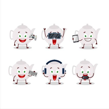 Seramik çaydanlık çizgi film karakteri çeşitli şirin duygu simgeleriyle oyunlar oynuyor