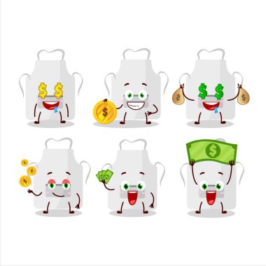 Beyaz önlüklü çizgi film karakteri, şirin ifadeli, yanında para getiriyor. Vektör illüstrasyonu