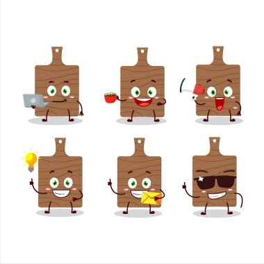 Çeşitli iş simgelerine sahip tahta kesme tahtası çizgi film karakteri. Vektör illüstrasyonu