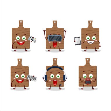 Ahşap kesme tahtası çizgi film karakteri çeşitli şirin emoticonlarla oyunlar oynuyor. Vektör illüstrasyonu