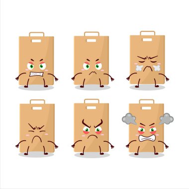 Çeşitli kızgın ifadeleri olan yemek çantası çizgi film karakteri. Vektör illüstrasyonu