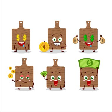Ahşap kesim tahtası çizgi film karakteri, şirin ifadeli para getiriyor. Vektör illüstrasyonu