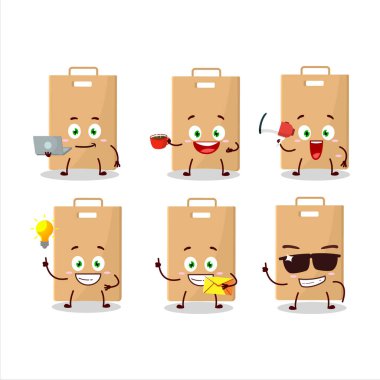 Yemek çantası çizgi film karakteri ve çeşitli iş simgeleri. Vektör illüstrasyonu