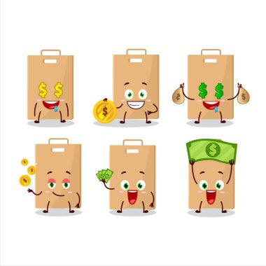 Yemek torbası çizgi film karakteri, şirin ifadeli para getiriyor. Vektör illüstrasyonu