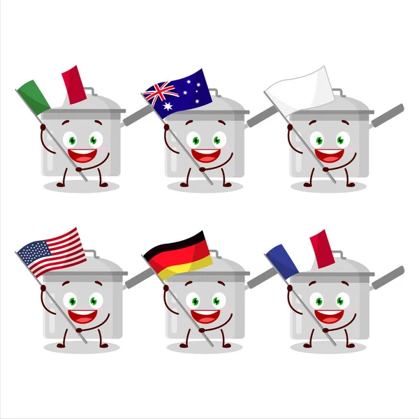 Sauce Pan Personnage Dessin Animé Apporter Les Drapeaux Divers Pays — Image vectorielle