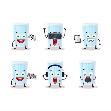 Bir bardak su karikatürü karakteri çeşitli şirin ifadelerle oyunlar oynuyor. Vektör illüstrasyonu