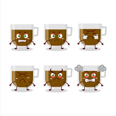 Çeşitli sinirli ifadeleri olan bir fincan kahve çizgi film karakteri. Vektör illüstrasyonu