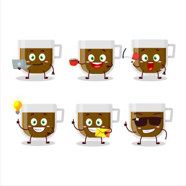 Çeşitli iş simgelerine sahip bir fincan kahve karikatürü karakteri. Vektör illüstrasyonu