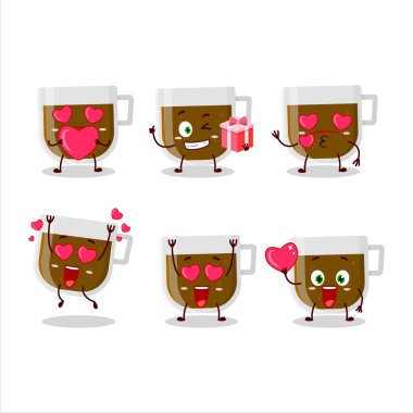 Bir fincan kahve çizgi film karakteri ve sevimli bir ifade. Vektör illüstrasyonu