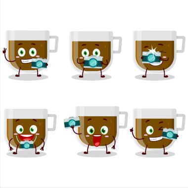 Bir fincan kahve karikatürü karakteri ile fotoğrafçılık mesleği simgesi. Vektör illüstrasyonu