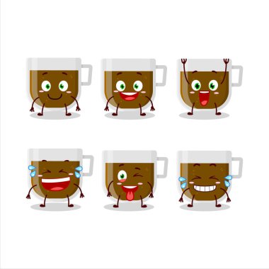 Gülen surat ifadesiyle bir fincan kahvenin çizgi film karakteri. Vektör illüstrasyonu