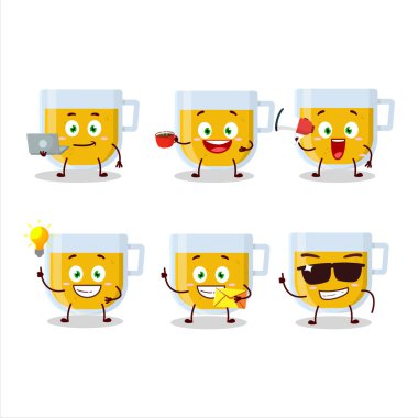 Çeşitli iş simgeleriyle bir bardak limon çayı çizgi film karakteri. Vektör illüstrasyonu