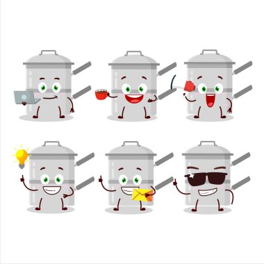 Çeşitli iş simgelerine sahip çift katlı çizgi film karakteri. Vektör illüstrasyonu