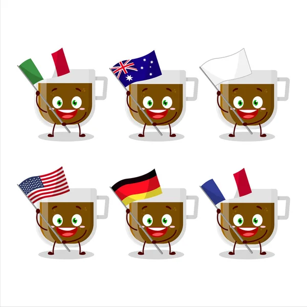 Cup Coffee Cartoon Character Bring Flags Various Countries Vector Illustration — Stock Vector