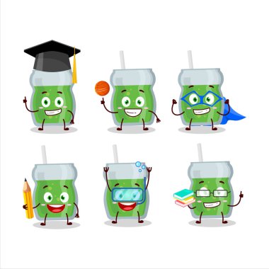 Avokado suyu karikatürü karakteri öğrencisi ve çeşitli ifadeleri var. Vektör illüstrasyonu