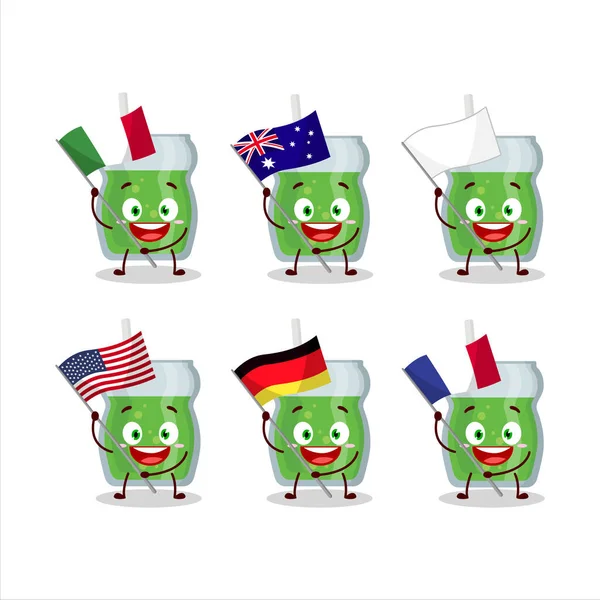 Avocado Sap Stripfiguur Brengen Vlaggen Van Verschillende Landen Vectorillustratie — Stockvector