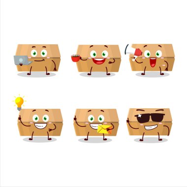 Çeşitli iş simgelerine sahip yemek paketi çizgi film karakteri. Vektör illüstrasyonu