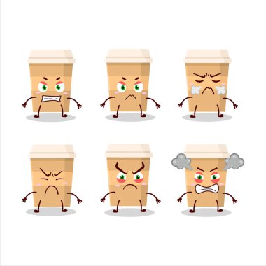 Çeşitli kızgın ifadeleri olan yeni bir kahve fincanı çizgi film karakteri. Vektör illüstrasyonu