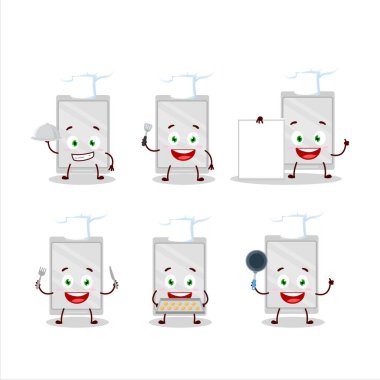 Çeşitli şef ifadeleriyle plastik tepsinin çizgi film karakteri. Vektör illüstrasyonu