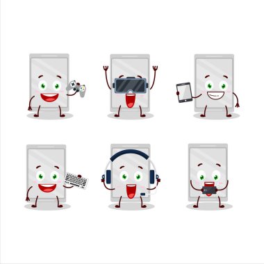 Plastik tepsi çizgi film karakteri çeşitli şirin ifadelerle oyunlar oynuyor. Vektör illüstrasyonu