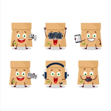 Kağıt torba geri dönüşümlü çizgi film karakteri çeşitli şirin duygu simgeleriyle oyunlar oynuyor. Vektör illüstrasyonu