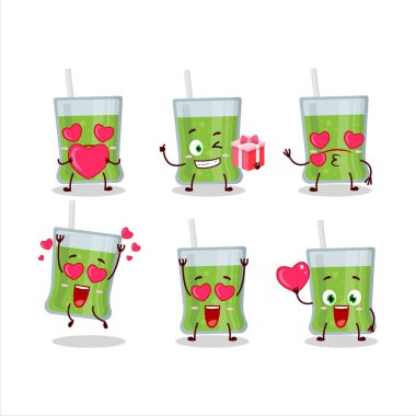 Yeşil elma suyu çizgi film karakteri ve sevimli bir aşk ifadesi. Vektör illüstrasyonu