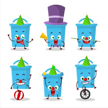 Çeşitli sirk şovları olan mavi kova çizgi film karakteri. Vektör illüstrasyonu